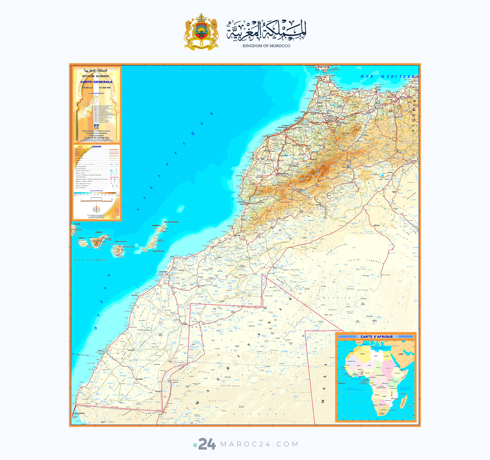 Carte générale du Maroc avec relief, routes et villes