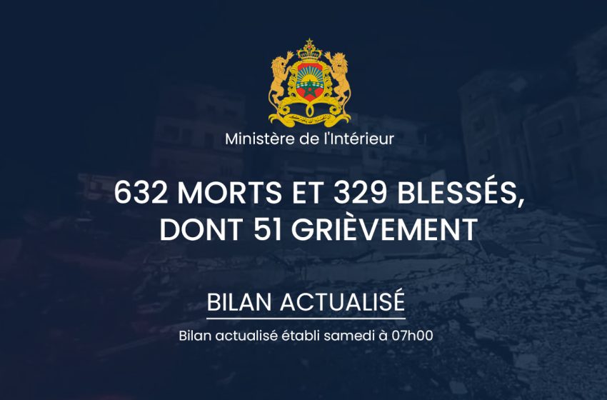 Bilan actualisé de Séisme au Maroc : 632 morts et 329 blessés, dont 51 grièvement
