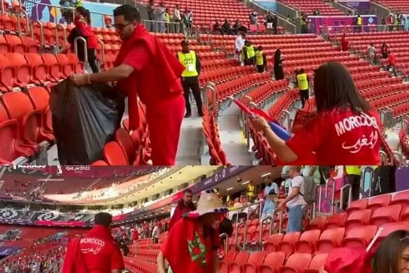  جماهير المنتخب المغربي ينخرطون في مبادرة لتنظيف مدرجات ملعب البيت